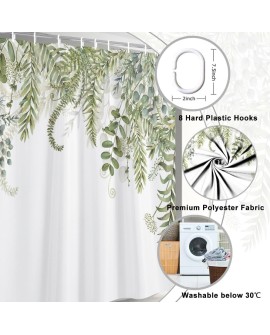 Rideau Douche Eucalyptus, Uiiooazy Rideau de Douche Feuilles Vert Plante Motif Rideau de Baignoire Anti Moisissure Imperméable