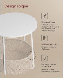 VASAGLE Petite Table Basse Ronde, Table d Appoint avec Panier en Tissu, Rangement, pour Salon, Chambre, Table de Chevet, Style