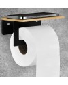 Porte Rouleau Papier Toilette Mural Adhesif sans Percage Support Papier Toilette Plaque de Bambou Noir Mat Derouleur Papier