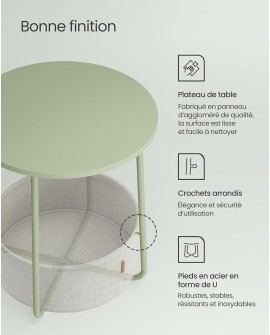 VASAGLE Petite Table Basse Ronde, Table d Appoint avec Panier en Tissu, Rangement, pour Salon, Chambre, Table de Chevet, Style