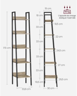 VASAGLE Étagère Échelle, Bibliothèque à 5 Niveaux, Meuble de Rangement sur Pied, Bureau, Salon, Chambre, Cuisine, Style