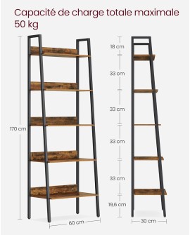 VASAGLE Étagère Échelle, Bibliothèque à 5 Niveaux, Meuble de Rangement sur Pied, Bureau, Salon, Chambre, Cuisine, Style