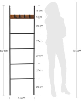 VASAGLE Étagère échelle inclinée, Porte-serviettes, 5 niveaux, 44 x 160 cm, gain de place, cadre en acier, 4 crochets, pour