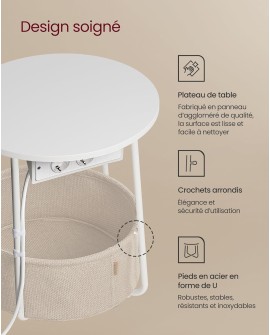 VASAGLE Petite Table Basse Ronde, Table d Appoint avec Panier en Tissu, Rangement, pour Salon, Chambre, Table de Chevet, Style