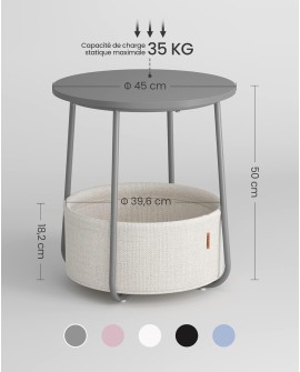 VASAGLE Petite Table Basse Ronde, Table d Appoint avec Panier en Tissu, Rangement, pour Salon, Chambre, Table de Chevet, Style