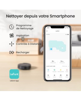 Lefant Robot aspirateur, Aspiration 2200 Pa, Poils d'animaux, Poils, sols, poussière, Nettoyage de la Maison, autonomie de 120