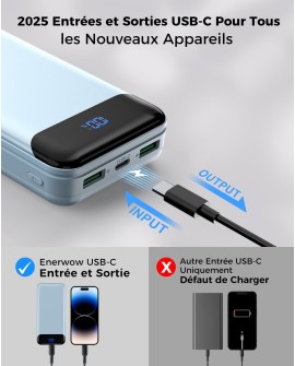 Enerwow Batterie Externe, 27000mAh Power Bank PD 30W Charge Rapide Portable Chargeur, USB C(Entrée&Sortie) Powerbank Compatible