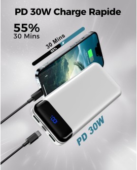 Enerwow Batterie Externe, 27000mAh Power Bank PD 30W Charge Rapide Portable Chargeur, USB C(Entrée&Sortie) Powerbank Compatible