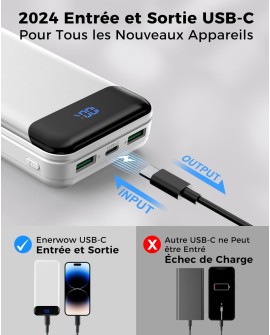 Enerwow Batterie Externe, 27000mAh Power Bank PD 30W Charge Rapide Portable Chargeur, USB C(Entrée&Sortie) Powerbank Compatible