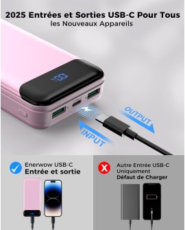 Enerwow Batterie Externe, 27000mAh Power Bank PD 30W Charge Rapide Portable Chargeur, USB C(Entrée&Sortie) Powerbank Compatible