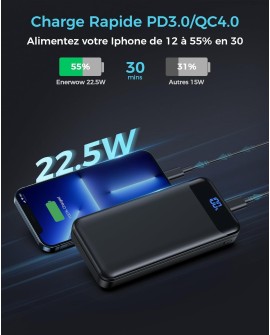 Enerwow Batterie Externe, 27000mAh Power Bank PD 30W Charge Rapide Portable Chargeur, USB C(Entrée&Sortie) Powerbank Compatible