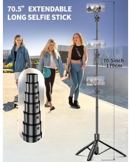 179CM Extensible Perche Trepied Smartphone, Perche a Selfie Trepied Aluminium avec Télécommande sans Fil et Support pour