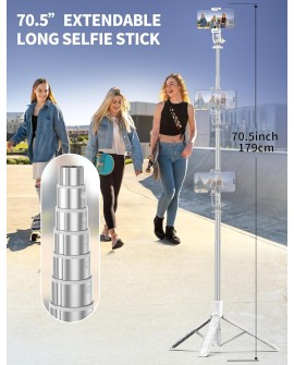 179CM Extensible Perche Trepied Smartphone, Perche a Selfie Trepied Aluminium avec Télécommande sans Fil et Support pour