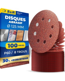 S&R Disques de Ponçage Papier Abrasif à Poncer 125mm Ponceuse Excentrique - 60 Disques à 8 trous