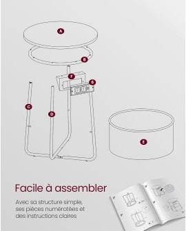 VASAGLE Petite Table Basse Ronde, Table d Appoint avec Panier en Tissu, Rangement, pour Salon, Chambre, Table de Chevet, Style