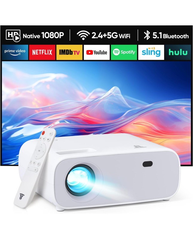 Mini projecteur, WiFi Double Bande et Bluetooth 5.2, Full HD 1080P Videoprojecteur, 18000 lumens, Support 4K, Compatible avec