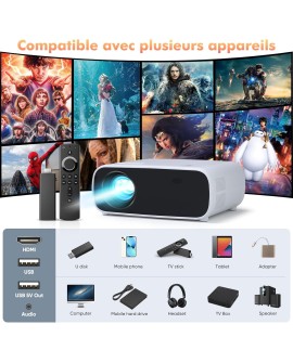 Mini projecteur, WiFi Double Bande et Bluetooth 5.2, Full HD 1080P Videoprojecteur, 18000 lumens, Support 4K, Compatible avec