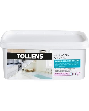 Tollens - Peinture Blanche Cuisines et Salle de bain - Résiste à l'Humidité et aux Moisissures - Velours - Blanc 1L  12m2