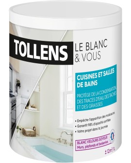 Tollens - Peinture Blanche Cuisines et Salle de bain - Résiste à l'Humidité et aux Moisissures - Velours - Blanc 1L  12m2