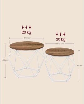 VASAGLE Table Basse Ronde, Lot de 2, Table d’Appoint, Bout de Canapé, Style Moderne, Plateau Amovible, Cadre en Acier, pour