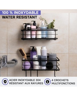 KINCMAX Etagère de Rangement de Douche Lot de 2 - Panier Salle de Bain sans Perçage - Étagère Murale Noire de Rangement pour