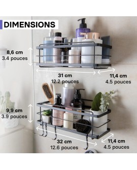 KINCMAX Etagère de Rangement de Douche Lot de 2 - Panier Salle de Bain sans Perçage - Étagère Murale Noire de Rangement pour