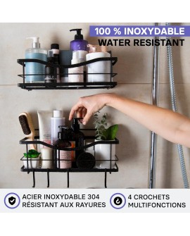 KINCMAX Etagère de Rangement de Douche Lot de 2 - Panier Salle de Bain sans Perçage - Étagère Murale Noire de Rangement pour