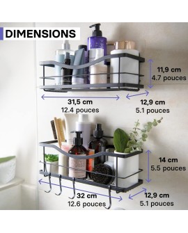 KINCMAX Etagère de Rangement de Douche Lot de 2 - Panier Salle de Bain sans Perçage - Étagère Murale Noire de Rangement pour