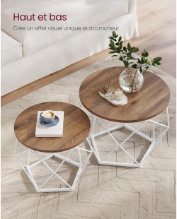 VASAGLE Table Basse Ronde, Lot de 2, Table d’Appoint, Bout de Canapé, Style Moderne, Plateau Amovible, Cadre en Acier, pour