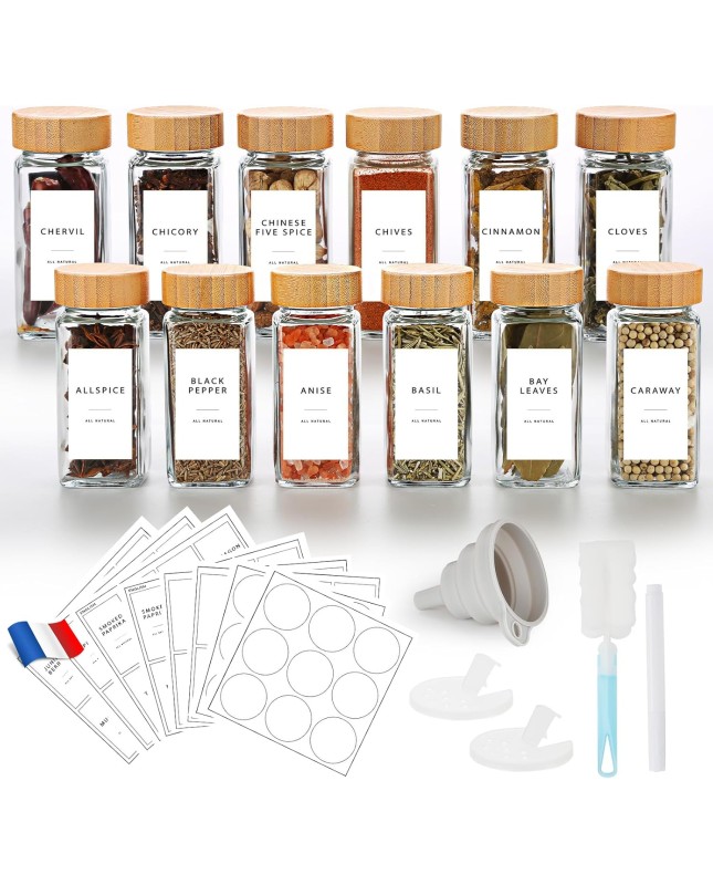 Lannvan Pot à Épices en Verre et Bois - 24 Pièces 120ml Bocaux à Épices Françaises - Boite a Epices Cuisine Rangement - avec