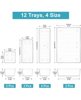 Radikor Lot de 12 Organisateurs de Tiroir, Rangement Tiroir en Plastique Transparent, Bacs de rangement avec 4 Tailles pour