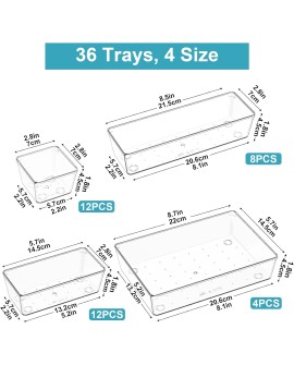 Radikor Lot de 12 Organisateurs de Tiroir, Rangement Tiroir en Plastique Transparent, Bacs de rangement avec 4 Tailles pour