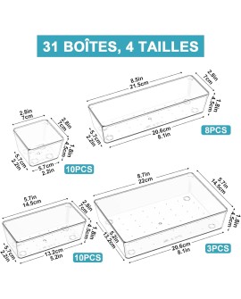 Radikor Lot de 31 Organisateurs de Tiroir, Rangement Tiroir en Plastique Transparent, Bacs de rangement avec 4 Tailles pour