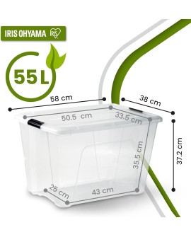 Iris Ohyama, Boite Rangement Plastique avec Couvercle, 45L, Lot de 2, Transparent, Clips de Fermeture, Poignée, Empilable,