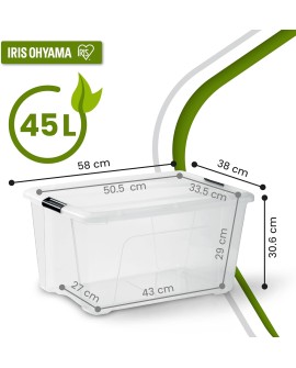 Iris Ohyama, Boite Rangement Plastique avec Couvercle, 45L, Lot de 2, Transparent, Clips de Fermeture, Poignée, Empilable,