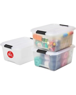 Iris Ohyama, Boite Rangement Plastique avec Couvercle, 45L, Lot de 2, Transparent, Clips de Fermeture, Poignée, Empilable,