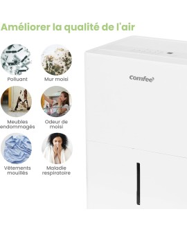 COMFEE' Déshumidificateur Compacte, Absorbe jusqu'à 12L/jour, Deshumidificateur d air avec Roulettes et Poignée, Minuterie 24H,