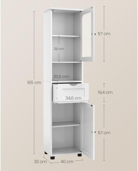 VASAGLE Meuble Salle de Bain, Colonne, Rangement avec Étagères Réglables, Placards à Porte, Tiroir, Compartiment, Gain de Place,