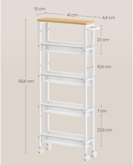 VASAGLE Desserte 4 Niveaux, Étagère de Cuisine Fin avec roulettes, Cadre en Acier, Poignée, Petit Espace, 13 x 45,4 x 77 cm,