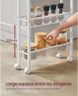 VASAGLE Desserte 4 Niveaux, Étagère de Cuisine Fin avec roulettes, Cadre en Acier, Poignée, Petit Espace, 13 x 45,4 x 77 cm,