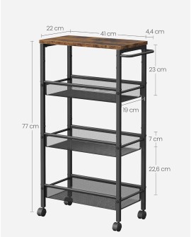 VASAGLE Desserte 4 Niveaux, Étagère de Cuisine Fin avec roulettes, Cadre en Acier, Poignée, Petit Espace, 13 x 45,4 x 77 cm,