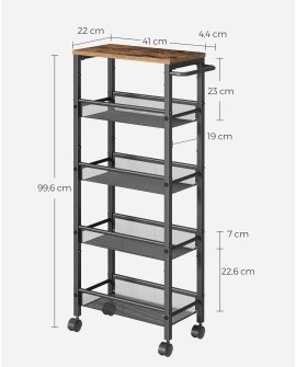 VASAGLE Desserte 4 Niveaux, Étagère de Cuisine Fin avec roulettes, Cadre en Acier, Poignée, Petit Espace, 13 x 45,4 x 77 cm,