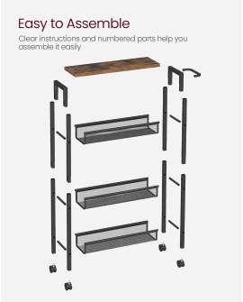 VASAGLE Desserte 4 Niveaux, Étagère de Cuisine Fin avec roulettes, Cadre en Acier, Poignée, Petit Espace, 13 x 45,4 x 77 cm,