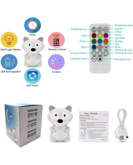 Tekemai Coloré Veilleuse Enfant, Toucher Lumière LED Lampe de Nuit, 9 Couleurs USB Rechargeable, Lampe de Silicone, Lampe de