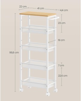 VASAGLE Desserte 4 Niveaux, Étagère de Cuisine Fin avec roulettes, Cadre en Acier, Poignée, Petit Espace, 13 x 45,4 x 77 cm,