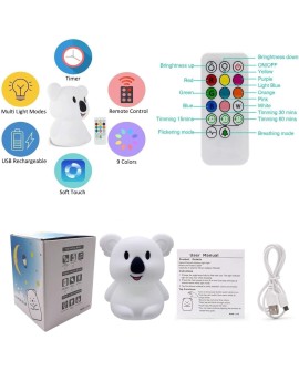 Tekemai Coloré Veilleuse Enfant, Toucher Lumière LED Lampe de Nuit, 9 Couleurs USB Rechargeable, Lampe de Silicone, Lampe de