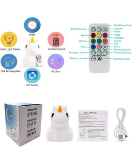 Tekemai Coloré Veilleuse Enfant, Toucher Lumière LED Lampe de Nuit, 9 Couleurs USB Rechargeable, Lampe de Silicone, Lampe de