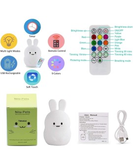 Tekemai Coloré Veilleuse Enfant, Toucher Lumière LED Lampe de Nuit, 9 Couleurs USB Rechargeable, Lampe de Silicone, Lampe de