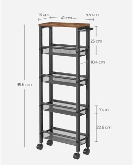 VASAGLE Desserte 4 Niveaux, Étagère de Cuisine Fin avec roulettes, Cadre en Acier, Poignée, Petit Espace, 13 x 45,4 x 77 cm,