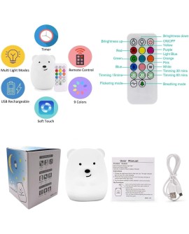 Tekemai Coloré Veilleuse Enfant, Toucher Lumière LED Lampe de Nuit, 9 Couleurs USB Rechargeable, Lampe de Silicone, Lampe de